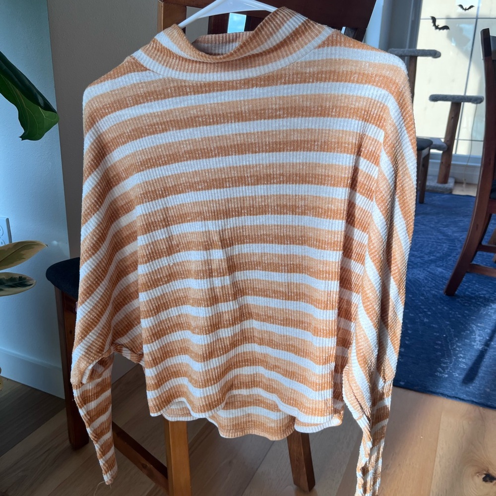 Cozy Striped Cowl Neck Sweater in Orange and White